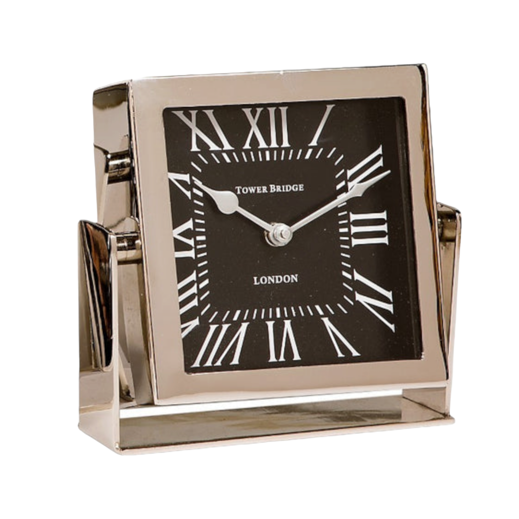 Small Silver Nickel Plated Square Black Face Tower Bridge Mantel Clock