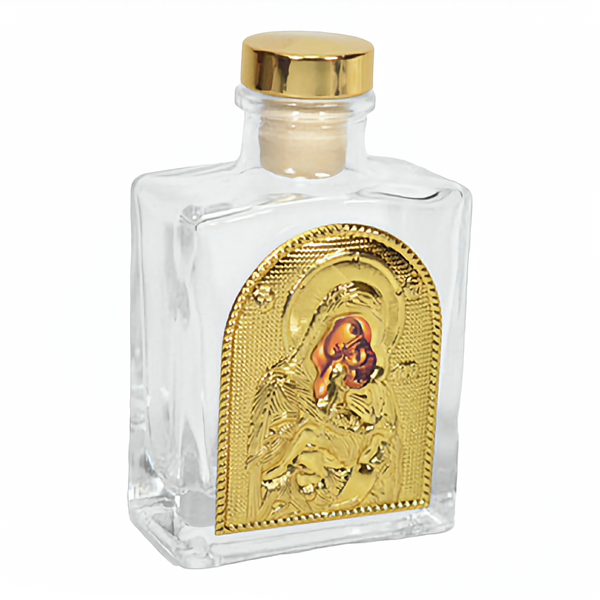 Orthodox Holy Mother Mary Glass Bottle with Gold Lid