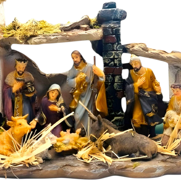 Christmas Nativity Scene Colour Figurines & Stable Display Statue