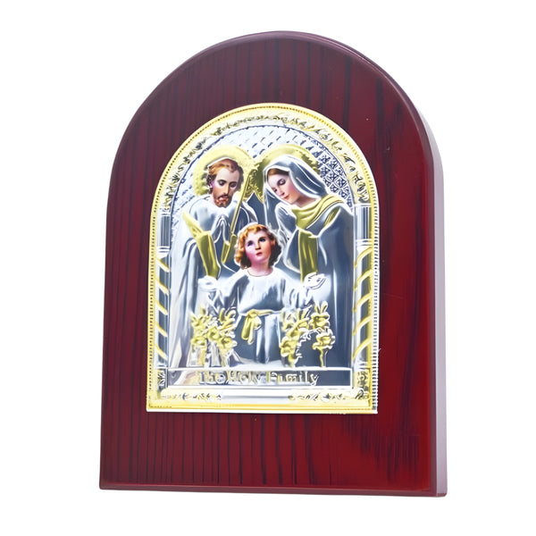 Catholic The Holy Family Icon On Red Wood Frame Plaque Stand