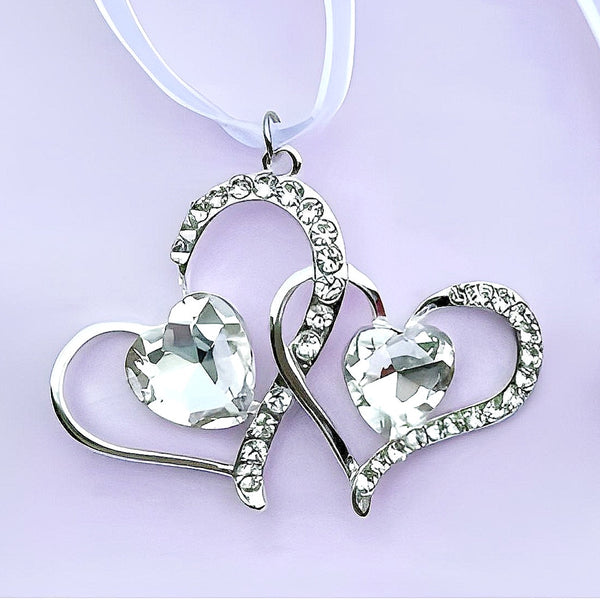 Silver Double Binding Love Hearts with Crystal Diamantes & Gems Wedding Bridal Good Luck Charm