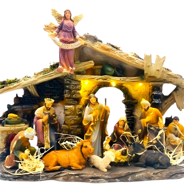 Christmas LED Light Up Nativity Scene Colour Figurines & Stable Statue