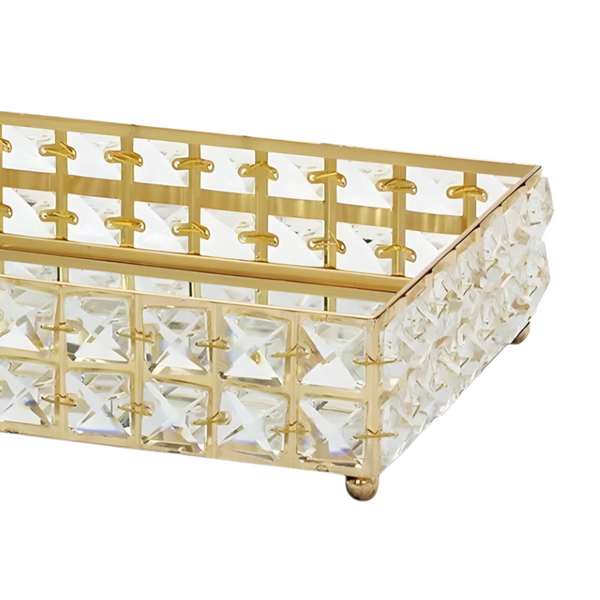 Gold Plated Rectangle Mirror Tray & Sparkling Bevelled Glass Crystal Jewels