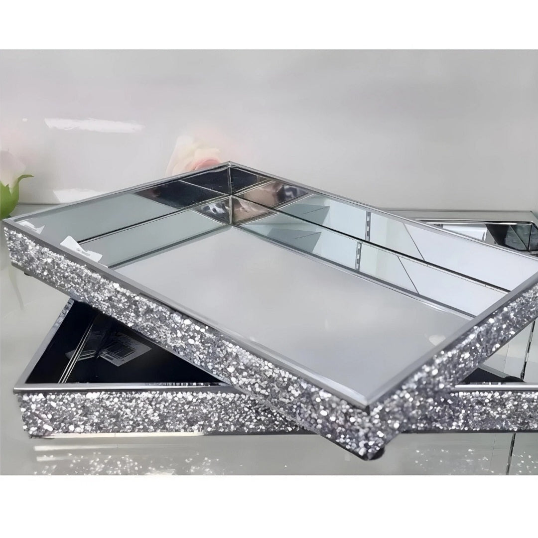 Set 2 Silver Rectangle Sparkling Crystal Diamantes Frame Decorative Mirror Trays