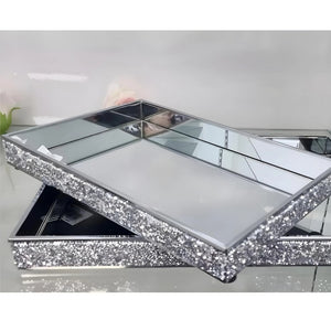 Set 2 Silver Rectangle Sparkling Crystal Diamantes Frame Decorative Mirror Trays