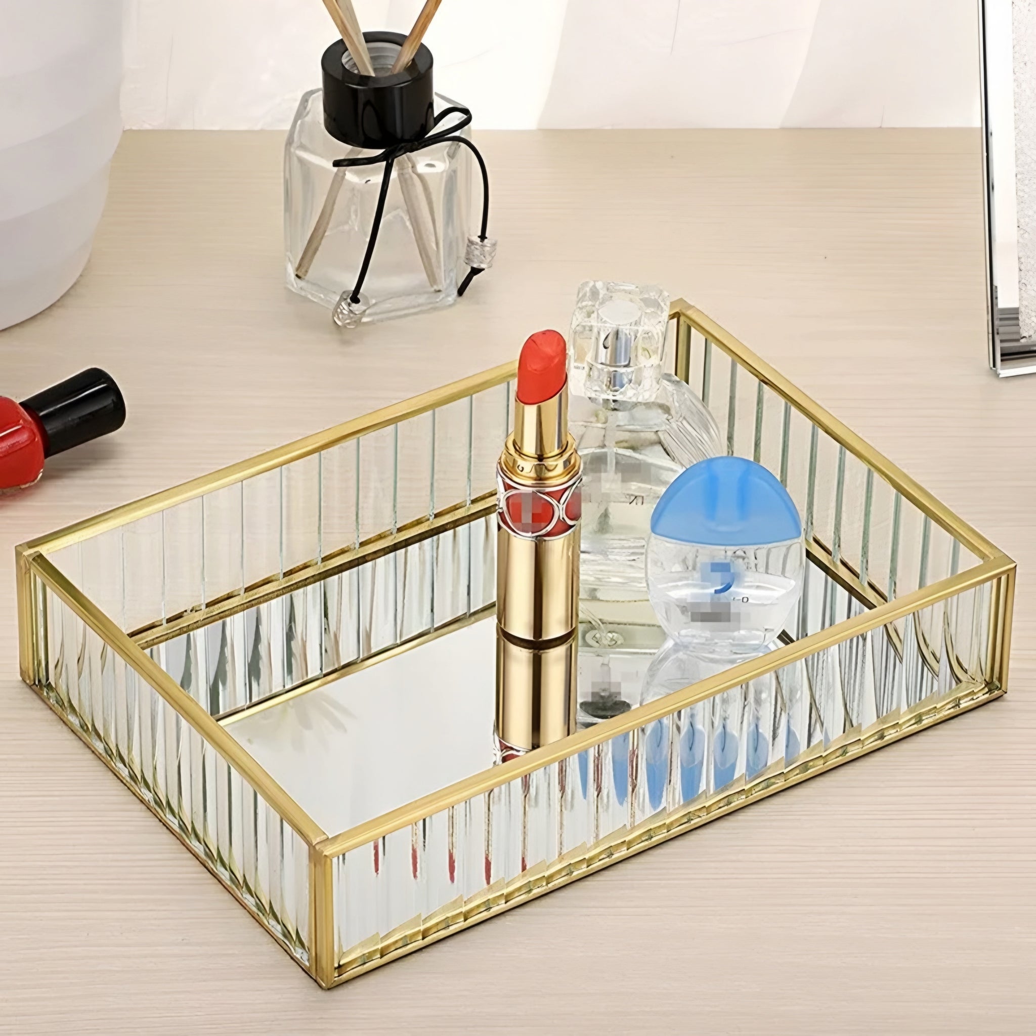 Gold Framed Rectangle Mirror Tray with Acrylic Side Panels home decor vanity table decorative deluxe