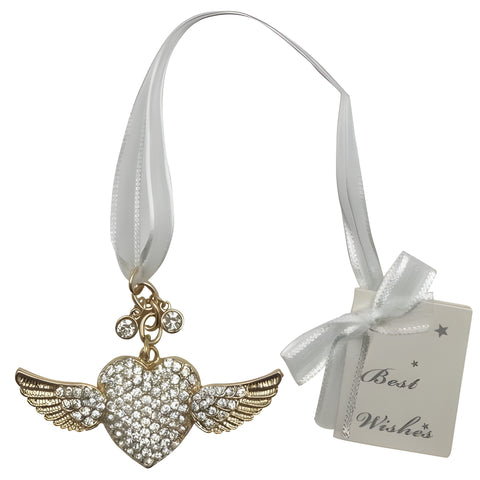 Gold Love Heart & Angel Wings with Crystal Diamantes Wedding Bridal Good Luck Charm