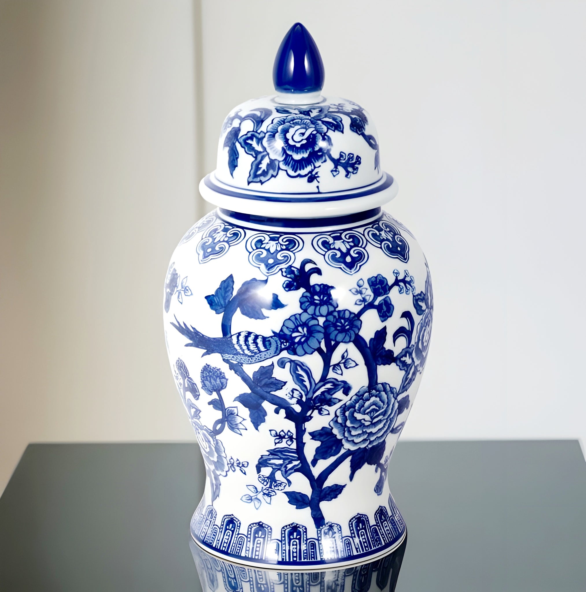 Blue & White Floral & Birds Decorative Tabletop Temple Jar