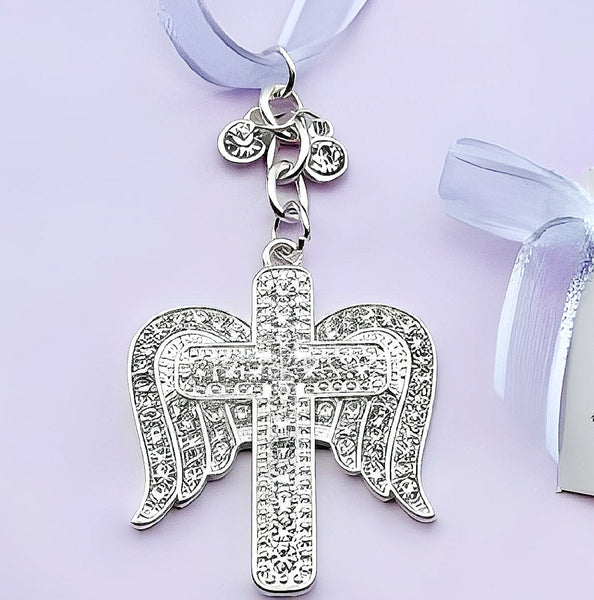 Silver Angel Wings & Cross with Crystal Diamantes Wedding Bridal Good Luck Charm