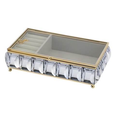 Gold Framed Rectangle Jewellery Box & Sparkling Bevelled Glass Crystal Jewels