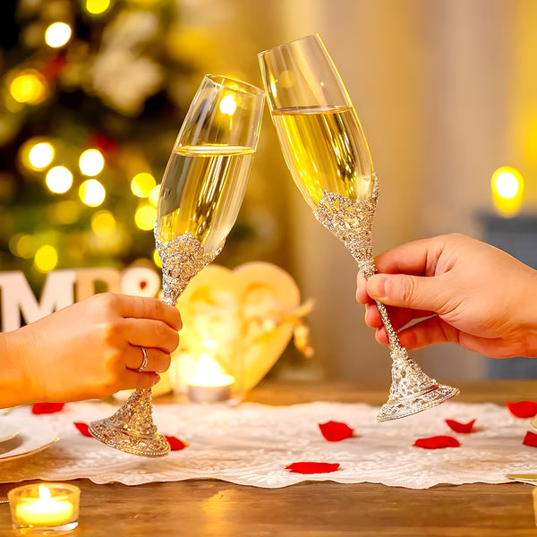 Set 2 Silver Royal Champagne Glass Flutes & Sparkling Crystal Diamante Stems & Base