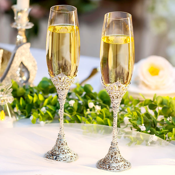 Set 2 Silver Royal Champagne Glass Flutes with Crystal Diamantes on Stems & Base