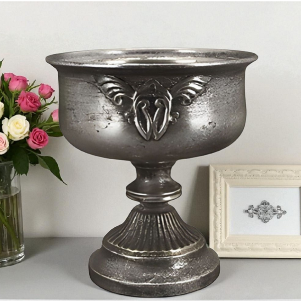 Brushed Antique Silver Rustic Urn Vase with Emblem