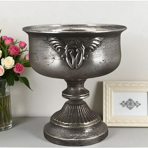 Brushed Antique Silver Rustic Urn Vase with Emblem