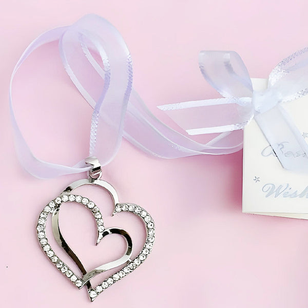 Silver Double Binding Love Hearts with Crystal Diamantes Wedding Bridal Good Luck Charm