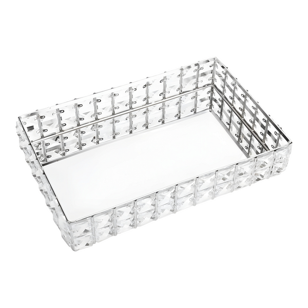 Silver Plated Rectangle Mirror Tray & Sparkling Bevelled Glass Crystal Jewels