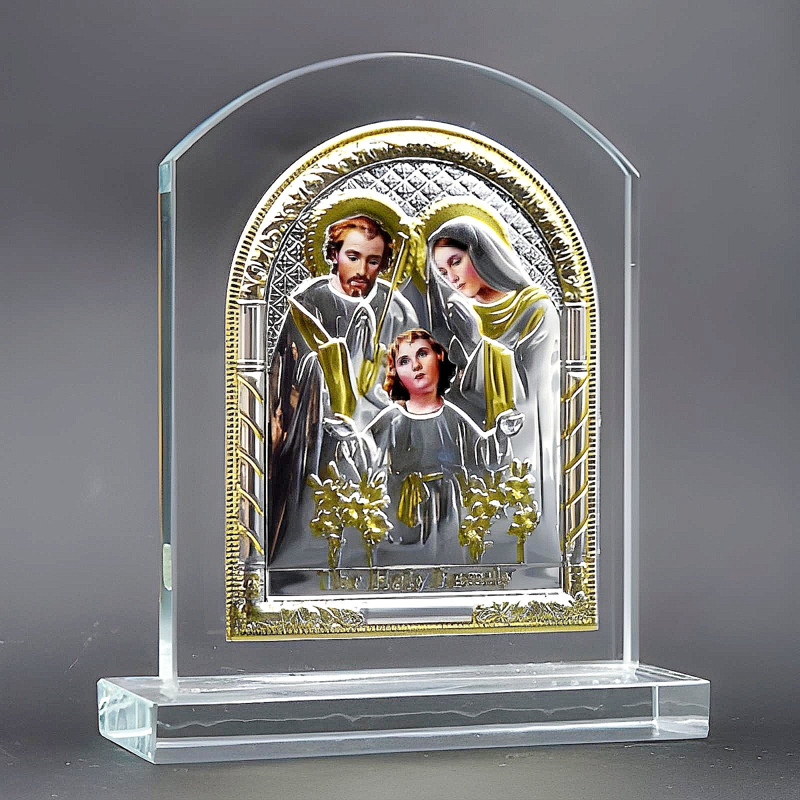 Catholic Gold & Silver Plated The Holy Family Glass Icon Plaque Stand