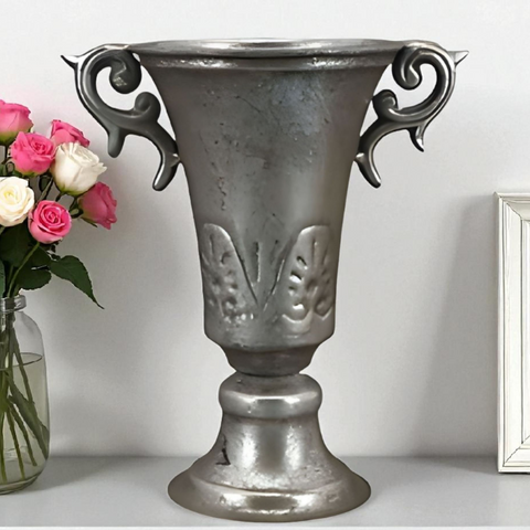 Brushed Antique Silver Rustic Urn Trophy Vase & Ornate Handles