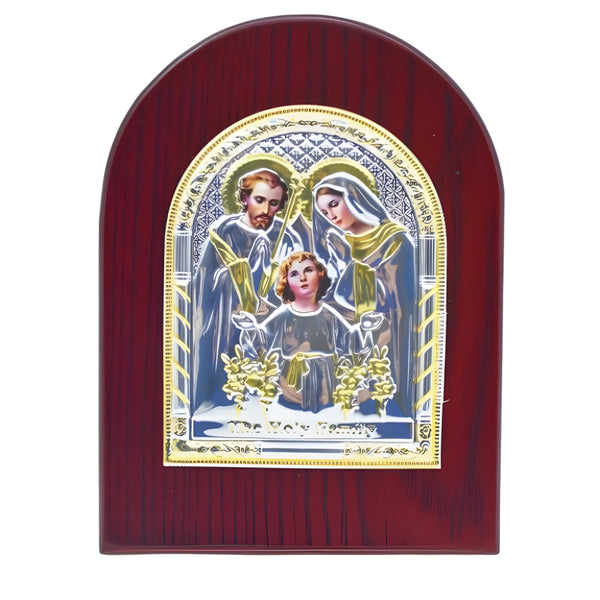Catholic The Holy Family Icon On Red Wood Frame Plaque Stand