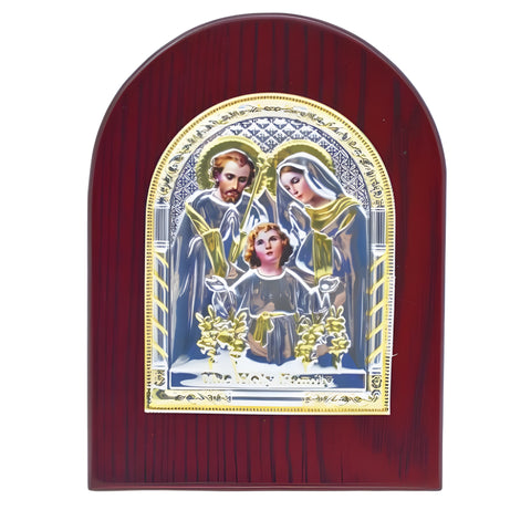 Catholic The Holy Family Icon On Red Wood Frame Plaque Stand