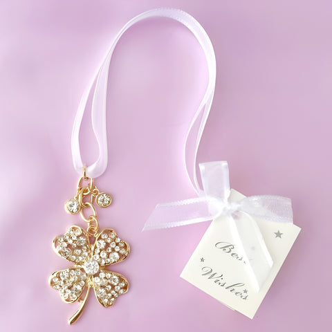 Gold 4 Leaf Clover with Crystal Diamantes Wedding Bridal Good Luck Charm