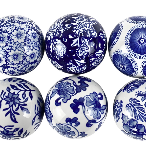 Set 6 Blue & White Floral Ceramic Decorative Tabletop Balls