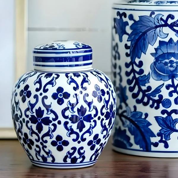 Hamptons Blue & White Floral Ceramic Decorative Ginger Temple Jar