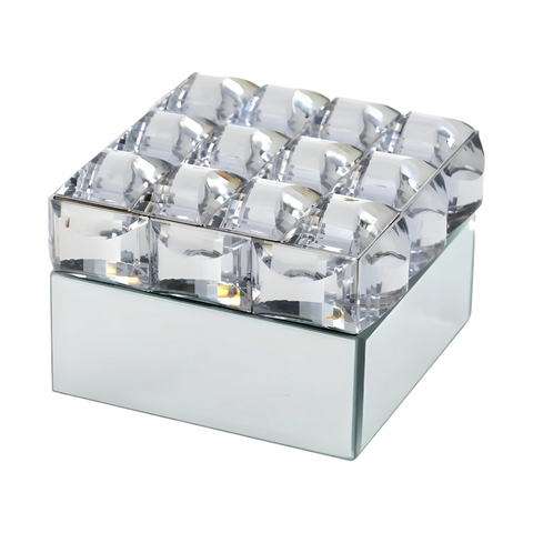 Silver Plated Square Mirrored Jewellery Box & Sparkling Bevelled Glass Crystal Jewels Lid