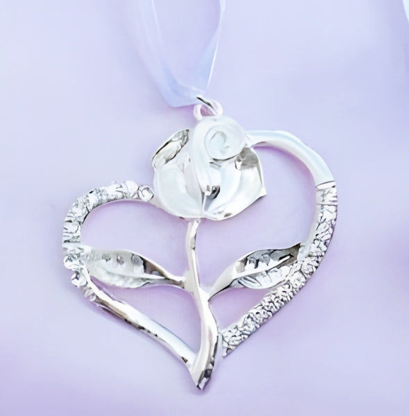 Silver Love Heart & Rose with Crystal Diamantes Wedding Bridal Good Luck Charm