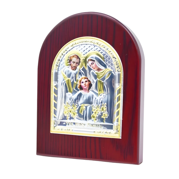 Catholic The Holy Family Icon On Red Wood Frame Plaque Stand