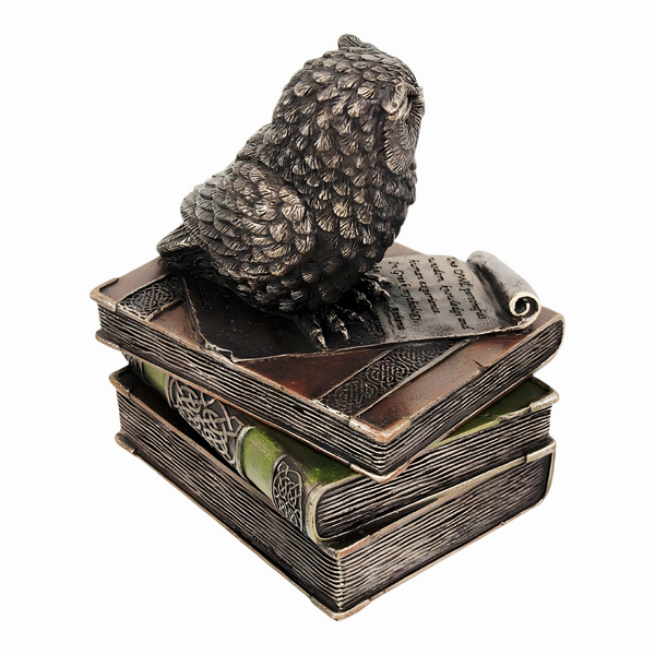 Veronese Bronze Scholar Wise Owl On Books Resin Trinket Box Figurine