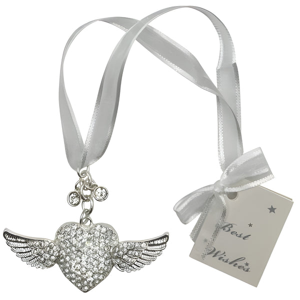 Silver Love Heart & Angel Wings with Crystal Diamantes Wedding Bridal Good Luck Charm