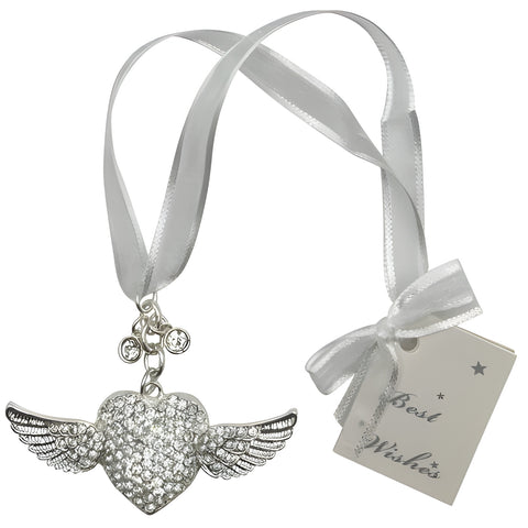 Silver Love Heart & Angel Wings with Crystal Diamantes Wedding Bridal Good Luck Charm