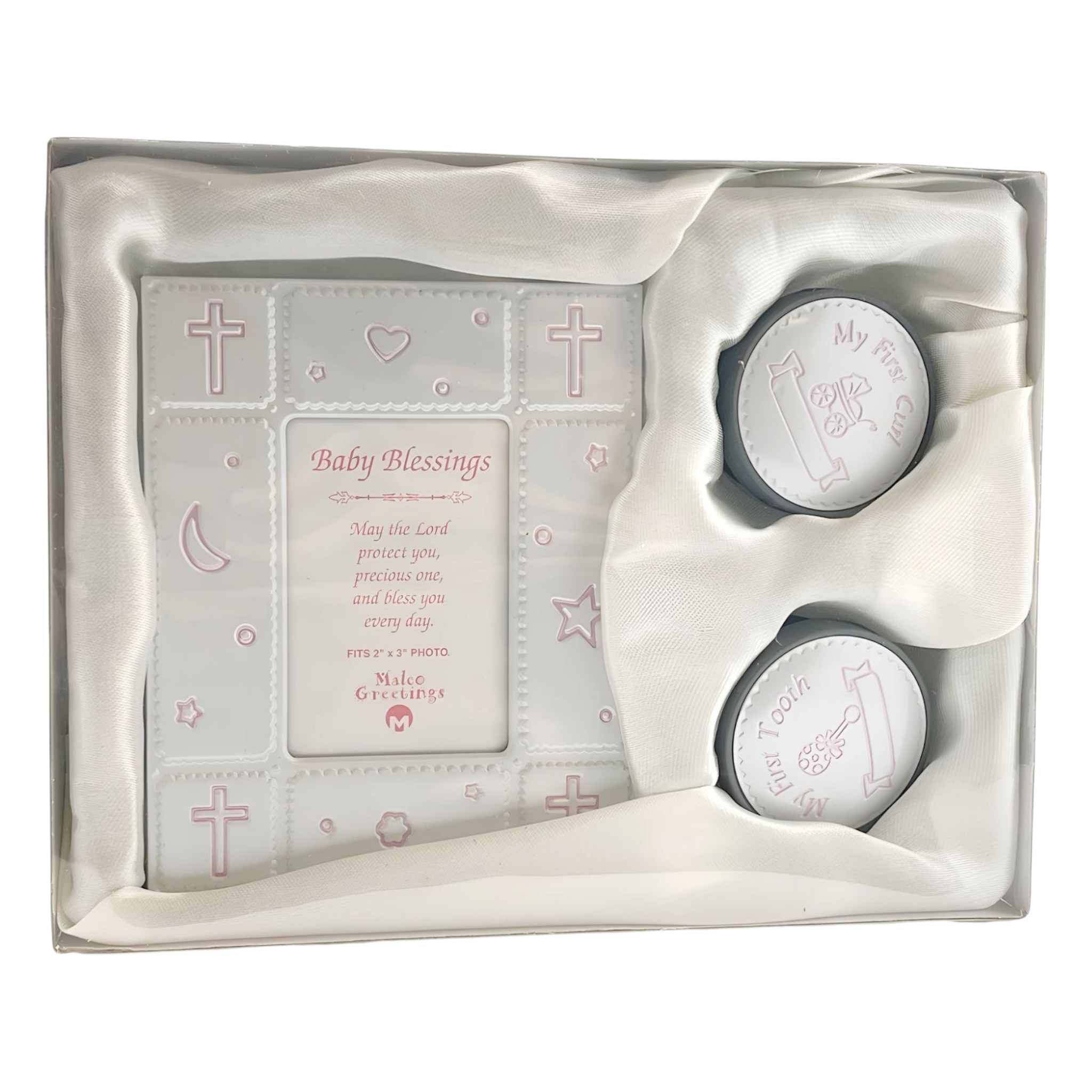 Set 3 Pink Baby Girl First Tooth, Curl & Blessings Photo Frame Keepsake In Satin Gift Box
