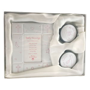 Set 3 Pink Baby Girl First Tooth, Curl & Blessings Photo Frame Keepsake In Satin Gift Box