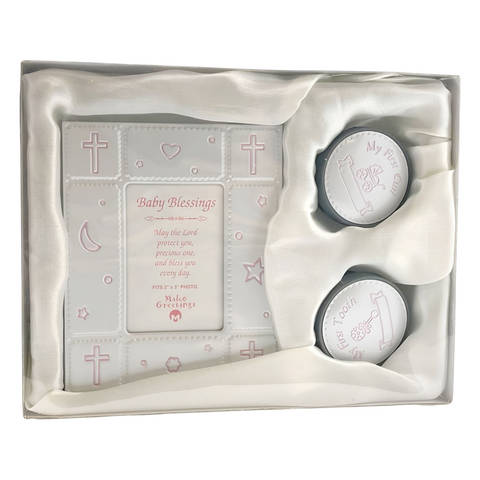 Set 3 Pink Baby Girl First Tooth, Curl & Blessings Photo Frame Keepsake In Satin Gift Box
