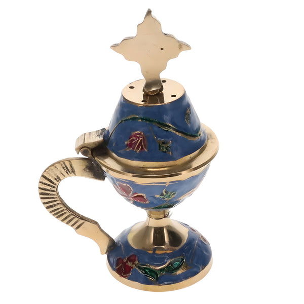 Orthodox Floral & Brass Metal Religious Incense Burner With Cross Top & Handle