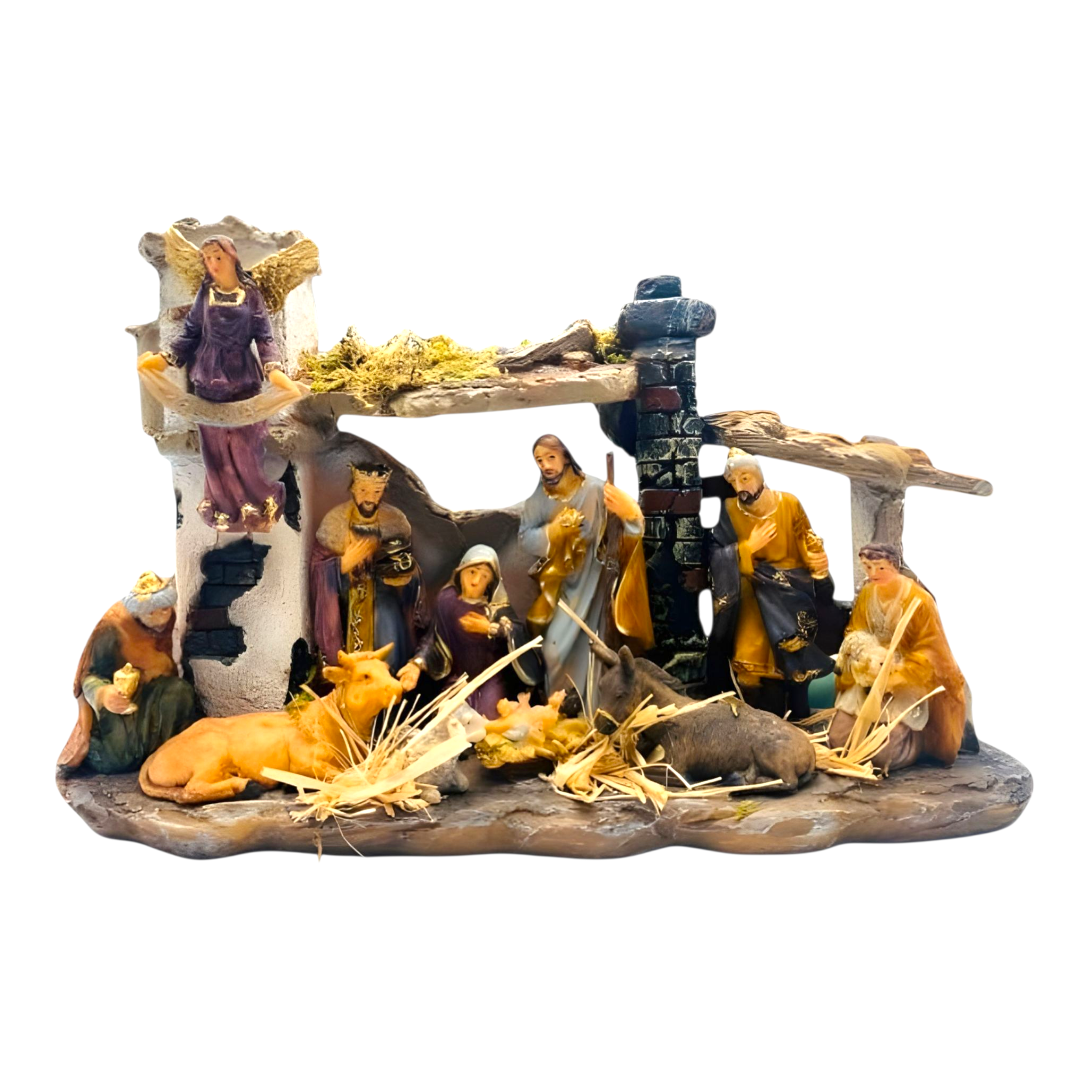 Christmas Nativity Scene Colour Figurines & Stable Display Statue