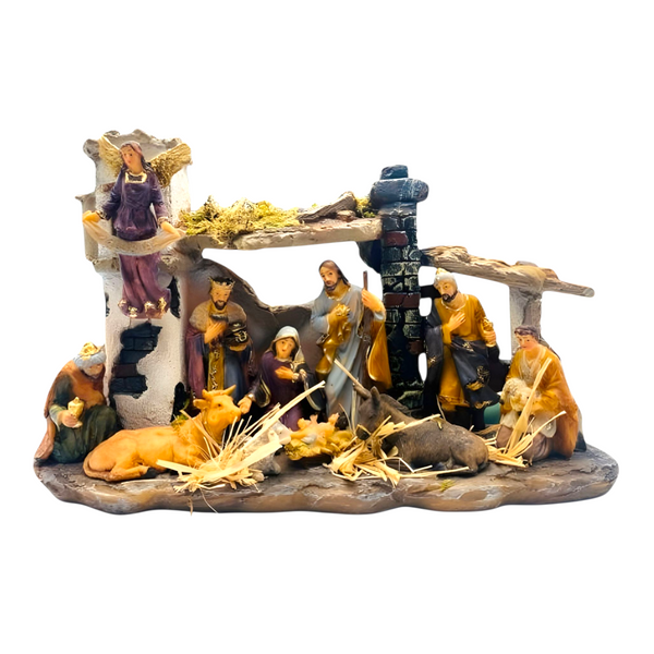 Christmas Nativity Scene Colour Figurines & Stable Display Statue