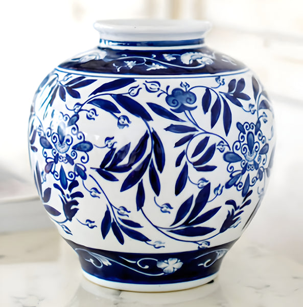 Hamptons Blue & White Floral Ceramic Decorative Ginger Temple Vase