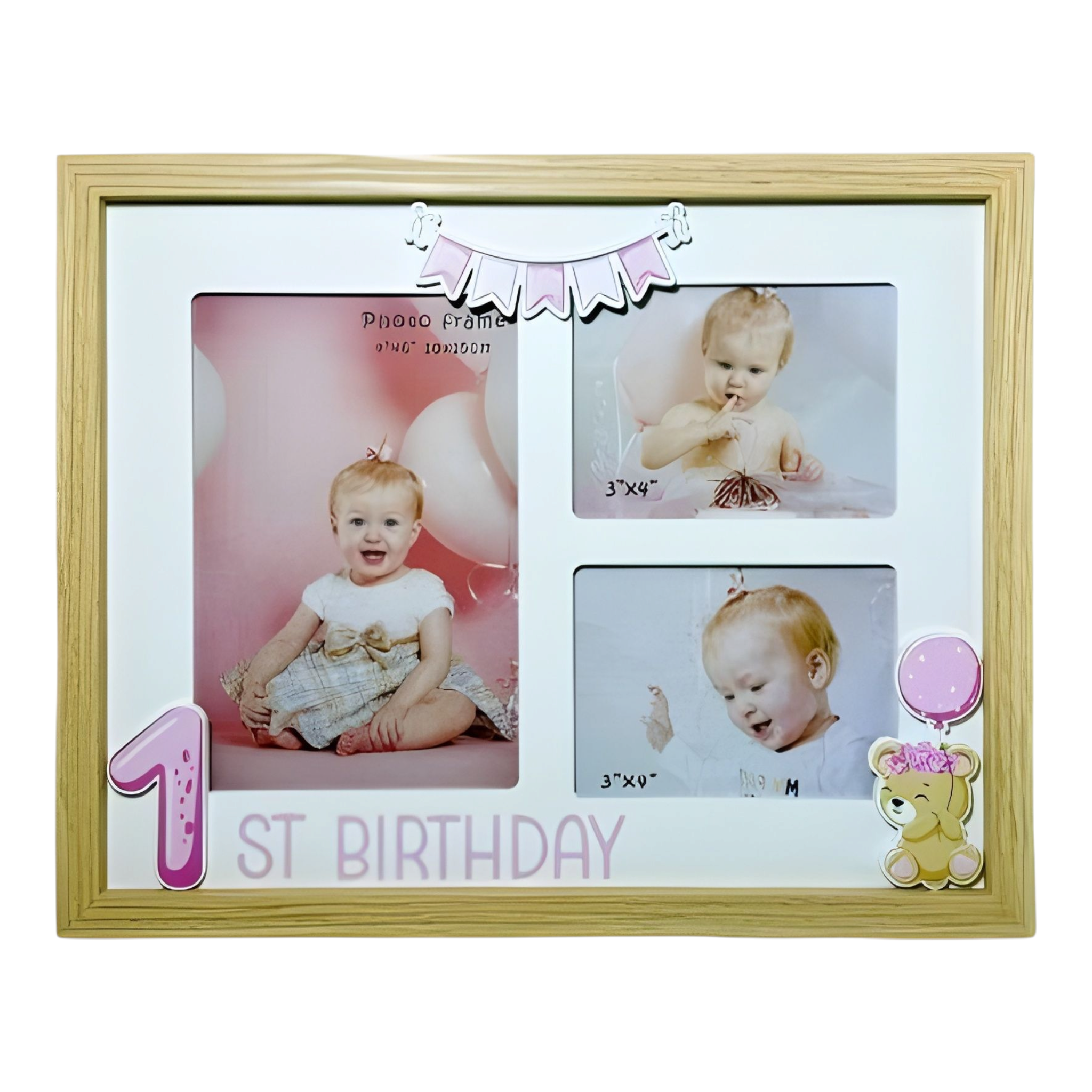 Pink Baby Girl Multi 1st Birthday & Natural Wood Photo Frame