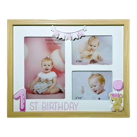 Pink Baby Girl Multi 1st Birthday & Natural Wood Photo Frame