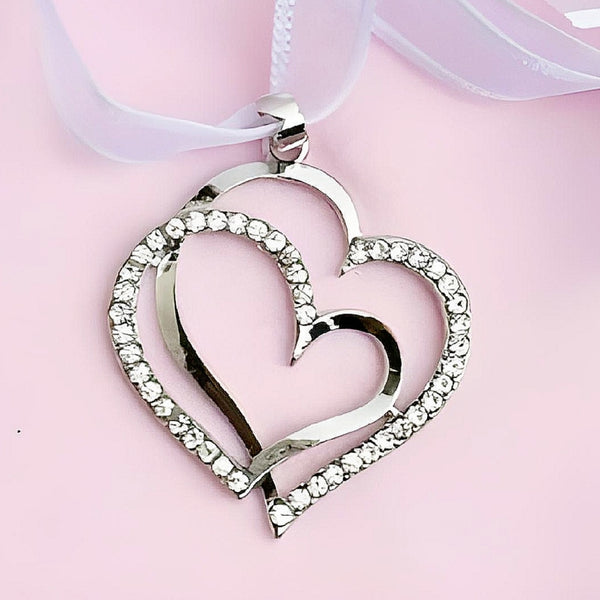 Silver Double Binding Love Hearts with Crystal Diamantes Wedding Bridal Good Luck Charm