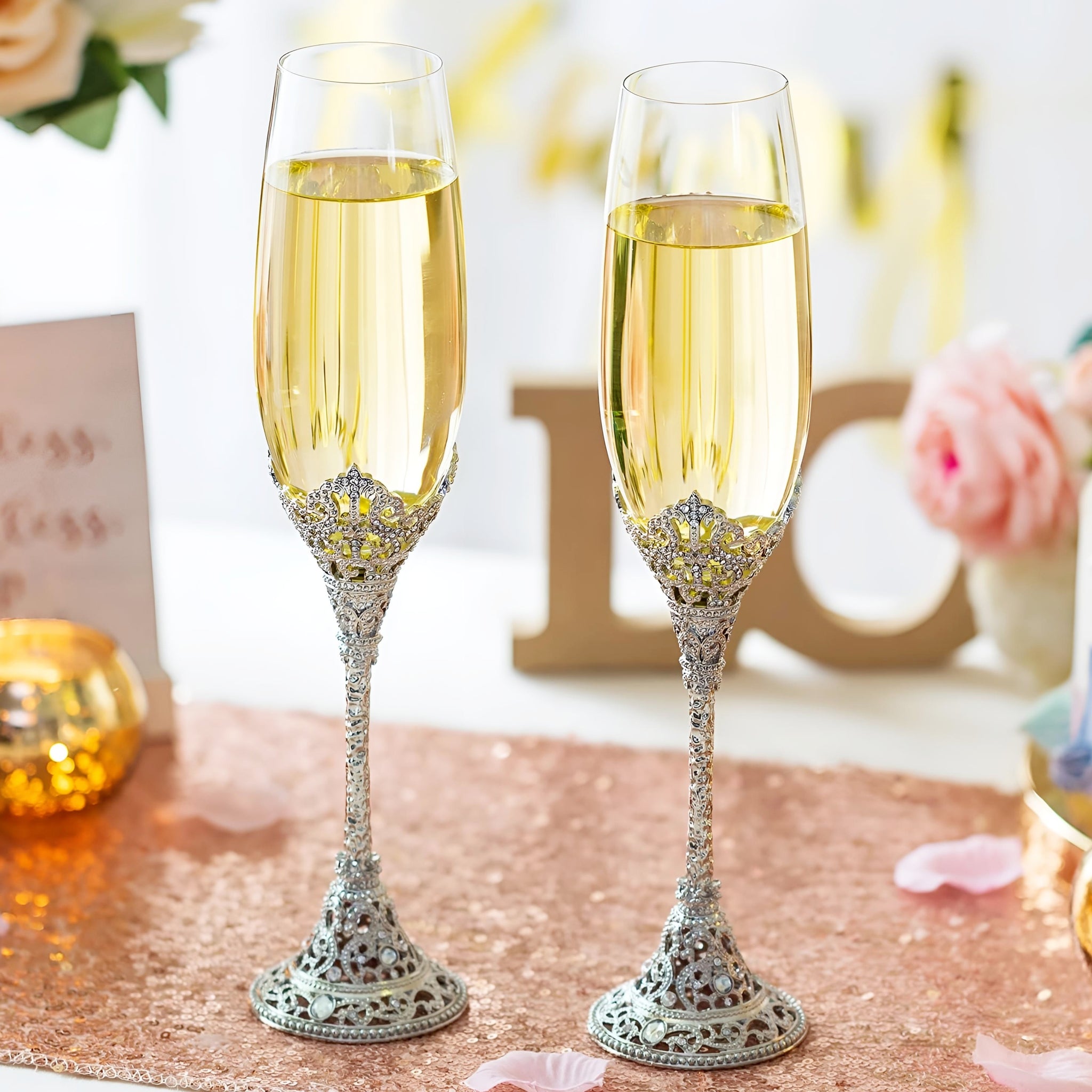 Set 2 Silver Royal Champagne Glass Flutes with Crystal Diamantes on Stems & Base