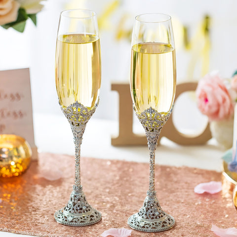 Set 2 Silver Royal Champagne Glass Flutes with Crystal Diamantes on Stems & Base