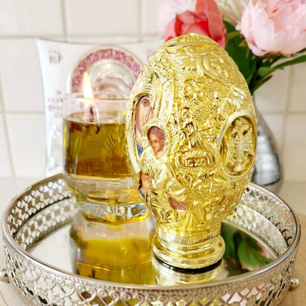 Orthodox Gold Plated Double Sided Holy Mother Mary & Jesus Religious Egg Ornament
