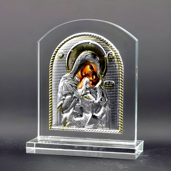 Orthodox Gold & Silver Plated Holy Mother Mary & Jesus Glass Icon Plaque Stand