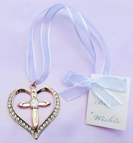 Gold Cross & Love Heart with Crystal Diamantes Wedding Bridal Good Luck Charm
