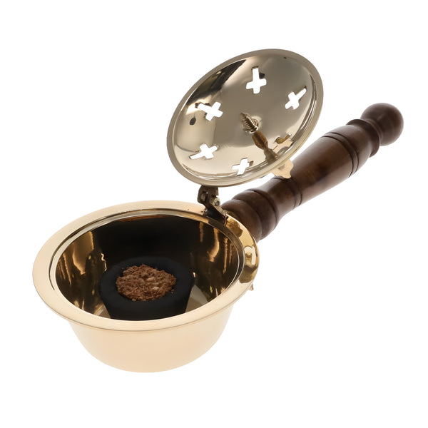 Orthodox Brass Metal Religious Incense Burner With Cross Top & Wooden Handle
