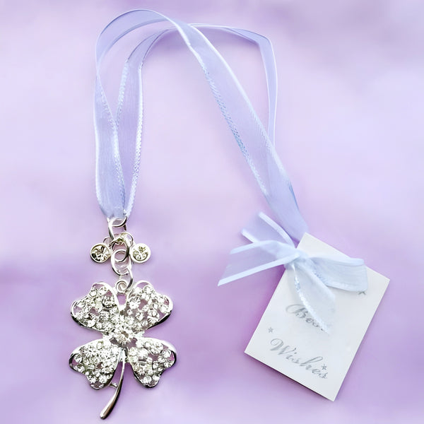 Silver 4 Leaf Clover with Crystal Diamantes Wedding Bridal Good Luck Charm